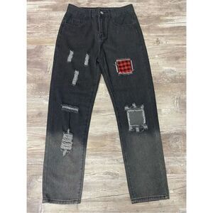 Romwe Distressed Jeans Plaid Patch Black Faded Men’s Cropped Size 30